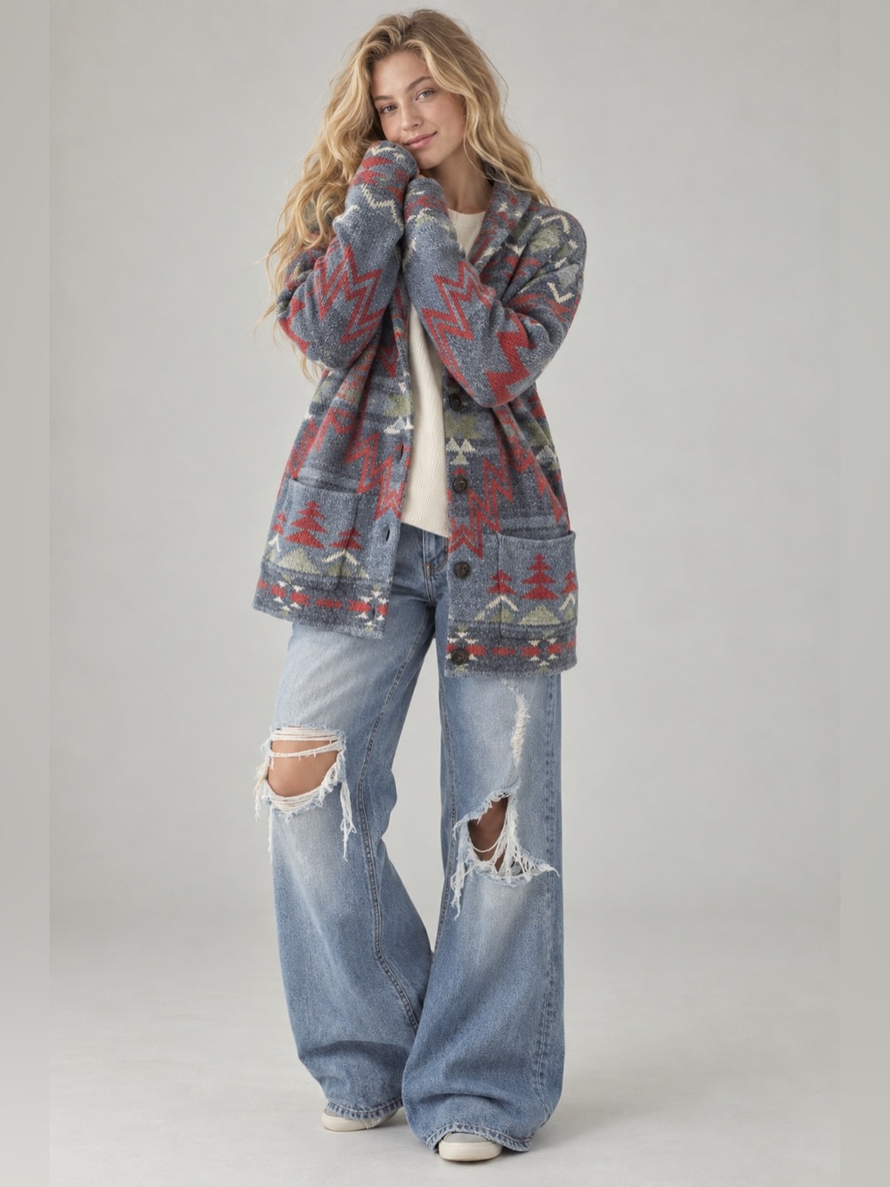 Lucky Brand oversized Indigo Navajo/Southwestern Shawl-Collar Cardigan.